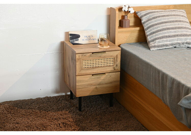 ラタン サイドテーブル 幅35cm 天然ラタン 収納 引き出し ベッドテーブル ほぼ完成品 スチール脚 カゴメ編み おしゃれ 韓国インテリア リビング ダイニング 棚 木製 ラック コンパクト シンプル 北欧(代引不可)