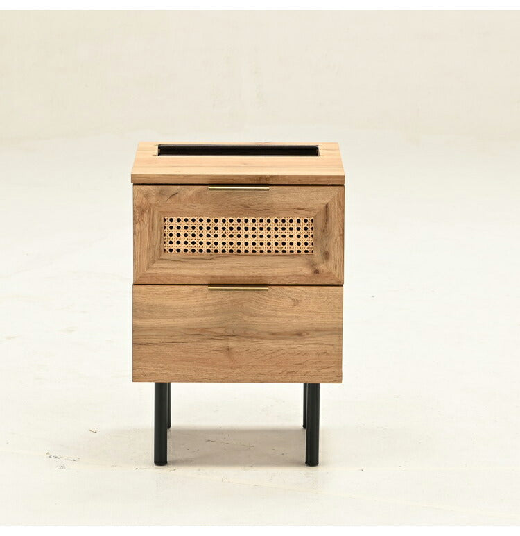 ラタン サイドテーブル 幅35cm 天然ラタン 収納 引き出し ベッドテーブル ほぼ完成品 スチール脚 カゴメ編み おしゃれ 韓国インテリア リビング ダイニング 棚 木製 ラック コンパクト シンプル 北欧(代引不可)