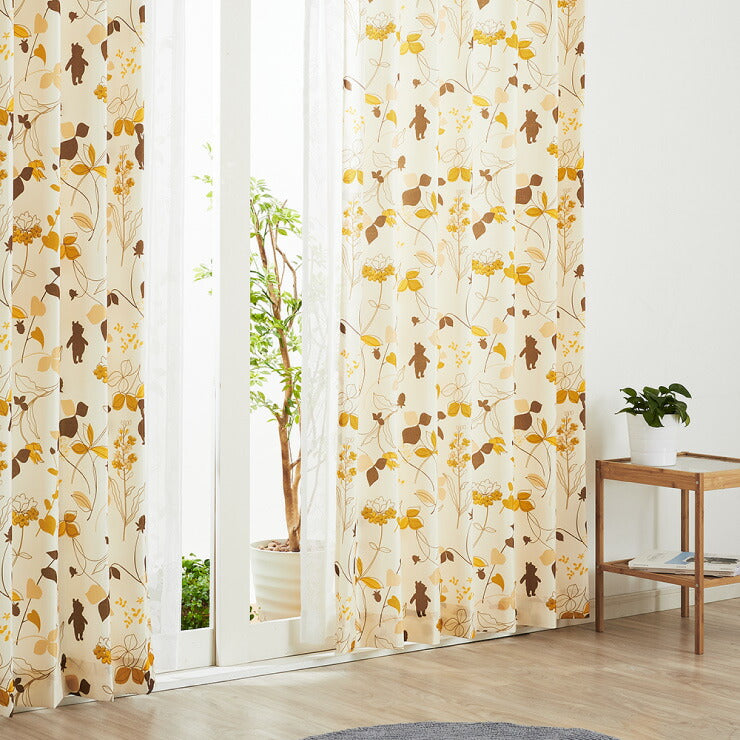 カーテン ディズニー disney 4枚セット くまのプーさん プーさん リーフ ドレープ レースカーテン付き 幅100 洗える おしゃれ(代引不可)