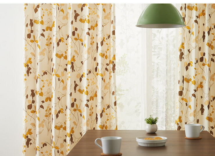 カーテン ディズニー disney 4枚セット くまのプーさん プーさん リーフ ドレープ レースカーテン付き 幅100 洗える おしゃれ(代引不可)