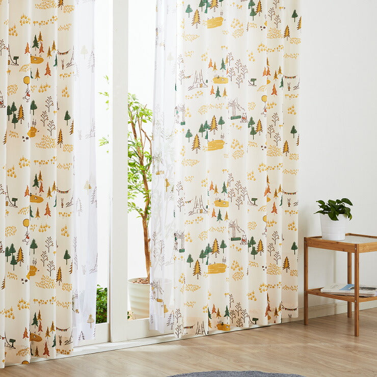 カーテン ディズニー disney 4枚セット くまのプーさん プーさん フォレスト ドレープ レースカーテン付き 幅100 洗える(代引不可)