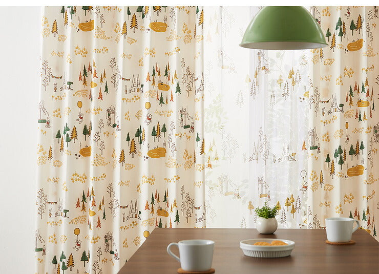 カーテン ディズニー disney 4枚セット くまのプーさん プーさん フォレスト ドレープ レースカーテン付き 幅100 洗える(代引不可)