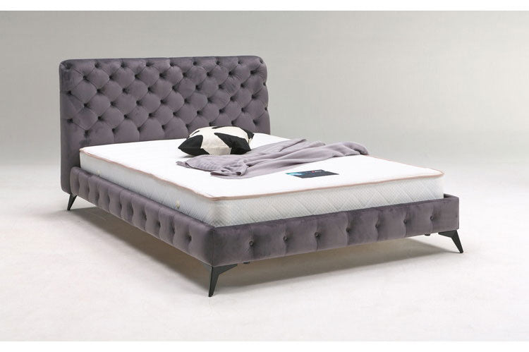 ベッドフレーム ダブル ベロア調ヘッドボード ダブルサイズ すのこベッド ベッド フロアベッド フレーム 寝具 インテリア フレーム ベロア アイアン脚 フロアタイプ チェスターフィールド調(代引不可)