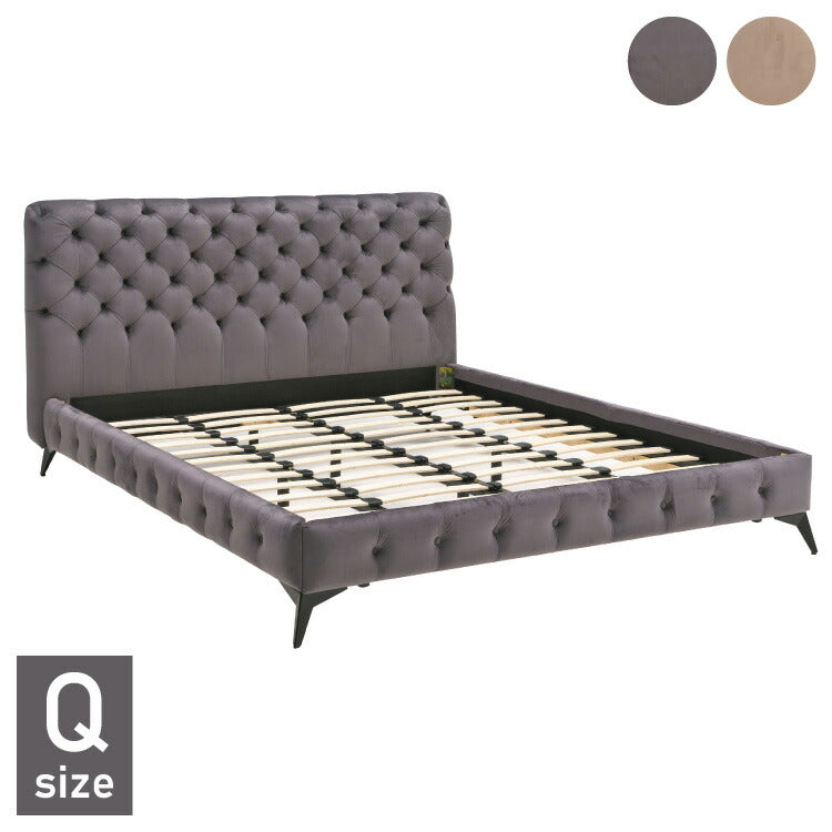 ベッドフレーム クイーン ベロア調ヘッドボード クイーンサイズ すのこベッド ベッド フロアベッド フレーム 寝具 インテリア フレーム ベロア アイアン脚 フロアタイプ チェスターフィールド調(代引不可)