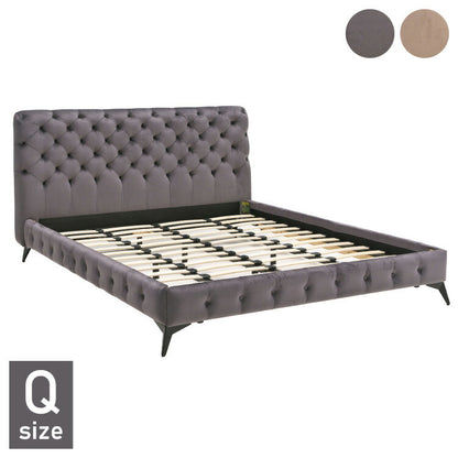 ベッドフレーム クイーン ベロア調ヘッドボード クイーンサイズ すのこベッド ベッド フロアベッド フレーム 寝具 インテリア フレーム ベロア アイアン脚 フロアタイプ チェスターフィールド調(代引不可)