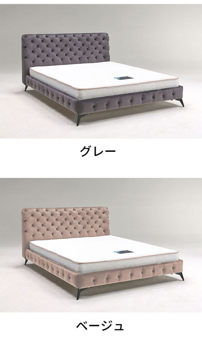 ベッドフレーム クイーン ベロア調ヘッドボード クイーンサイズ すのこベッド ベッド フロアベッド フレーム 寝具 インテリア フレーム ベロア アイアン脚 フロアタイプ チェスターフィールド調(代引不可)