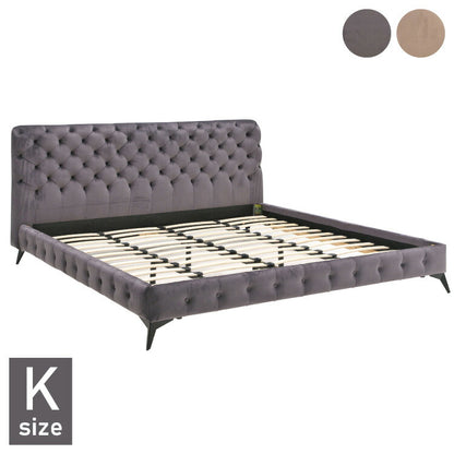 ベッドフレーム キング ベロア調ヘッドボード キングサイズ すのこベッド ベッド フロアベッド フレーム 寝具 インテリア フレーム ベロア アイアン脚 フロアタイプ チェスターフィールド調(代引不可)