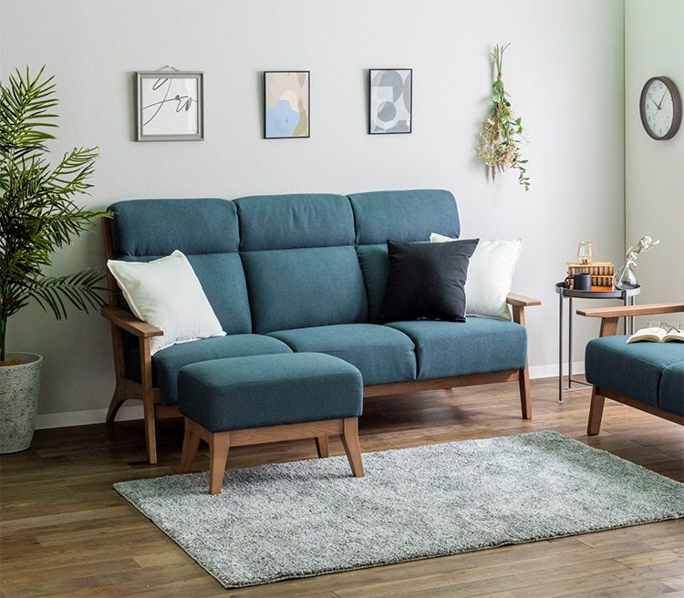 カウチソファ 2点セット 3人掛け スツール オットマン付き ソファ sofa ファブリック 天然木 肘付き 脚付き グレー ピンク ネイビー タモ材 無垢材 おしゃれ 北欧 ナチュラル(代引不可)