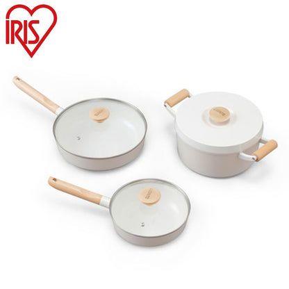 アイリスオーヤマ フライパン・鍋 6点セット 木目調ハンドル 可愛い かわいい おしゃれ ルオント フライパン・なべ 6点セット LUO-SE6W IRIS OYAMA(代引不可)
