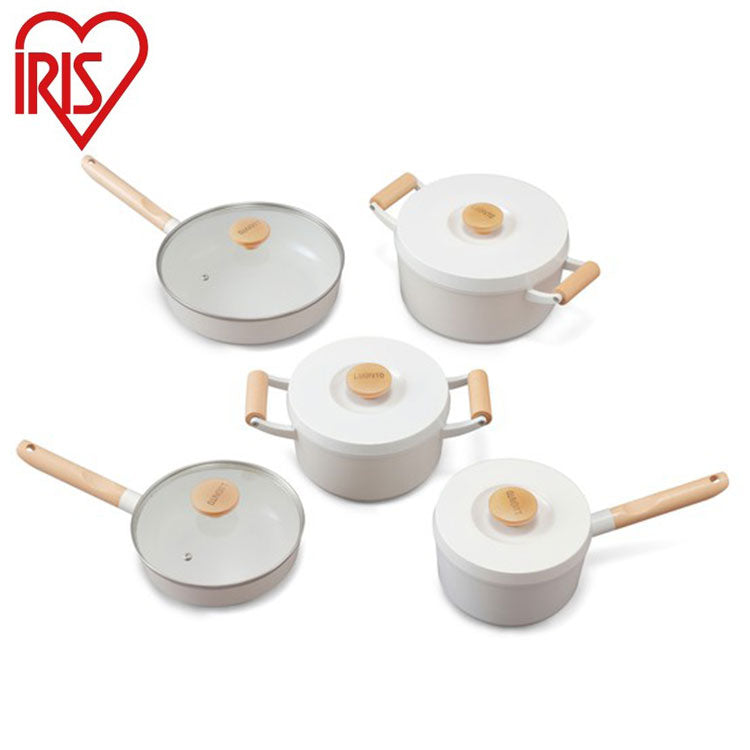 アイリスオーヤマ フライパン・鍋 10点セット 木目調ハンドル 可愛い かわいい おしゃれ ルオント フライパン・なべ 10点セット LUO-SE10W IRIS OYAMA(代引不可)