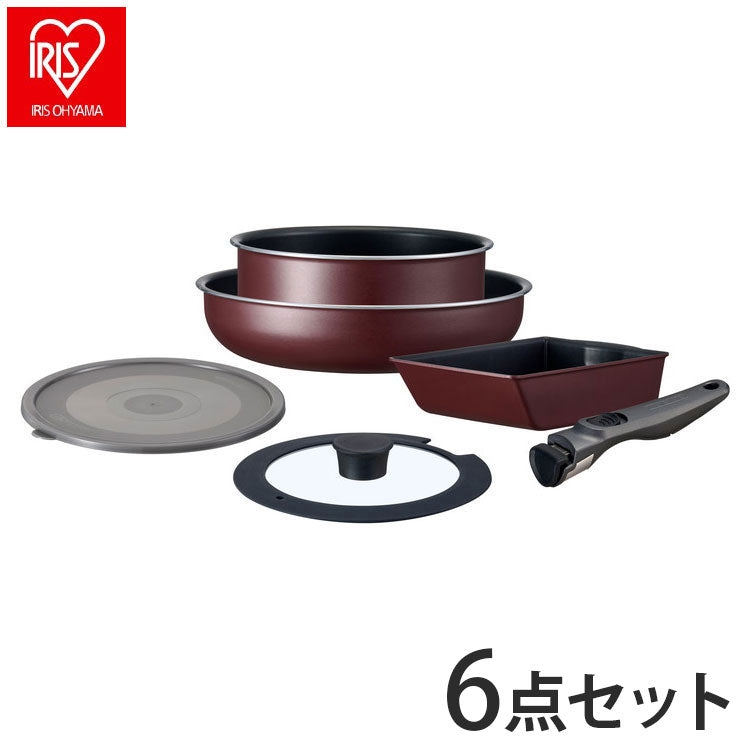 アイリスオーヤマ TERACOAT テラコート フライパンセット 6点セット EHDC-T6S ワインレッド 取っ手のとれる 着脱 フライパン 鍋 セット IRIS OHYAMA(代引不可)