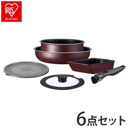 アイリスオーヤマ TERACOAT テラコート フライパンセット 6点セット EHDC-T6S ワインレッド 取っ手のとれる 着脱 フライパン 鍋 セット IRIS OHYAMA(代引不可)