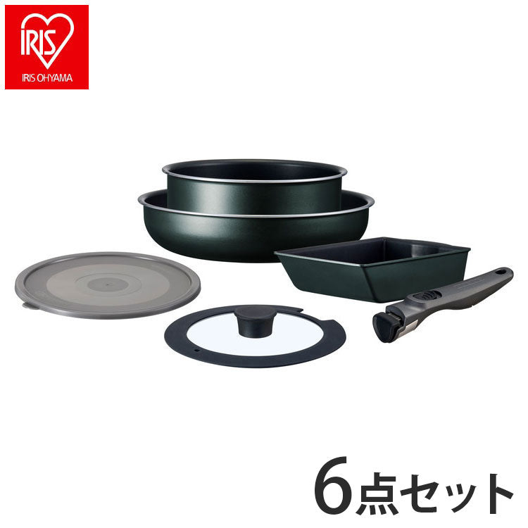 アイリスオーヤマ TERACOAT テラコート フライパンセット 6点セット EHDC-T6S ダークグリーン 取っ手のとれる 着脱 フライパン 鍋 セット IRIS OHYAMA(代引不可)