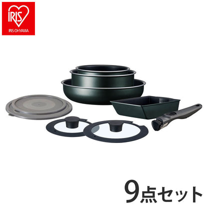 アイリスオーヤマ TERACOAT テラコート フライパンセット 9点セット EHDC-T9S ダークグリーン 取っ手のとれる 着脱 フライパン 鍋 セット IRIS OHYAMA(代引不可)