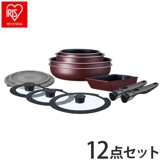 アイリスオーヤマ TERACOAT テラコート フライパンセット 12点セット EHDC-T12S ワインレッド 取っ手のとれる 着脱 フライパン 鍋 セット IRIS OHYAMA(代引不可)