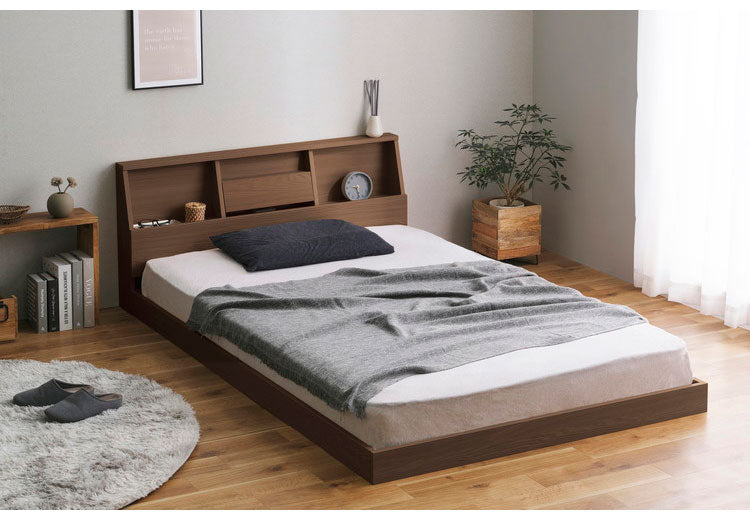 アイリスオーヤマ フロアベッド セミダブル FBF-SD ウォールナット 棚付き ローベッド ベッドフレーム すのこベッド IRIS OHYAMA(代引不可)