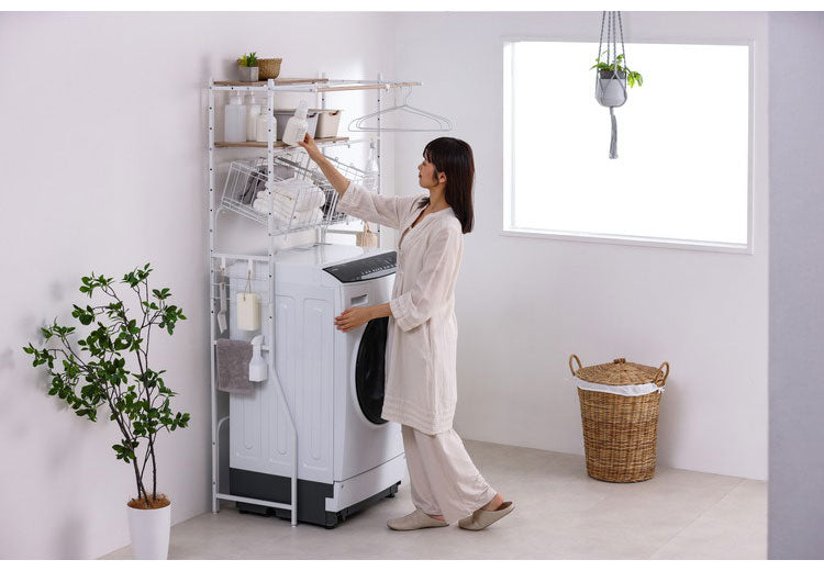 アイリスオーヤマ バスケット付き伸縮スタイルランドリーラック BSSL-860R ホワイト 洗濯かご ランドリーバスケット 洗濯機ラック 伸縮式 ラック 棚 IRIS OHYAMA(代引不可)