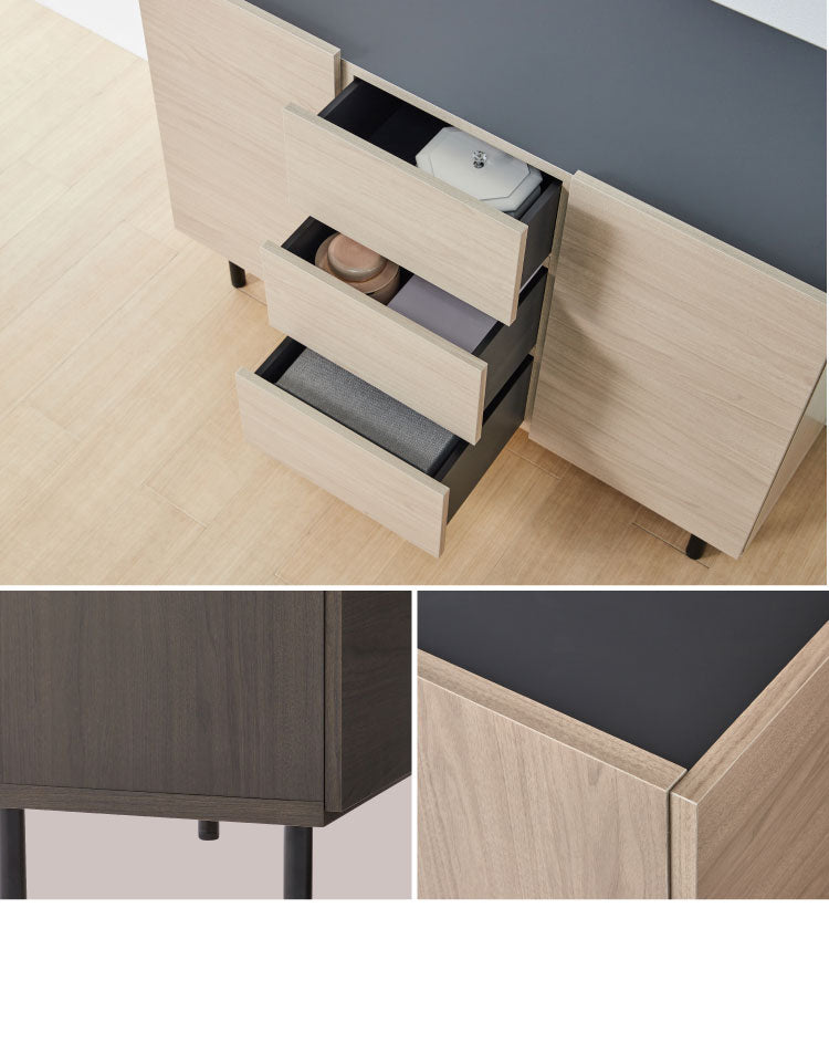 北欧風 キャビネット 幅125 オーク 日本製 完成品 引き出し3段 おしゃれ カウンター 間仕切り 国産 ナチュラル 木目 オレフィン 脚付き 収納 チェスト リビング 収納 スチール脚(代引不可)