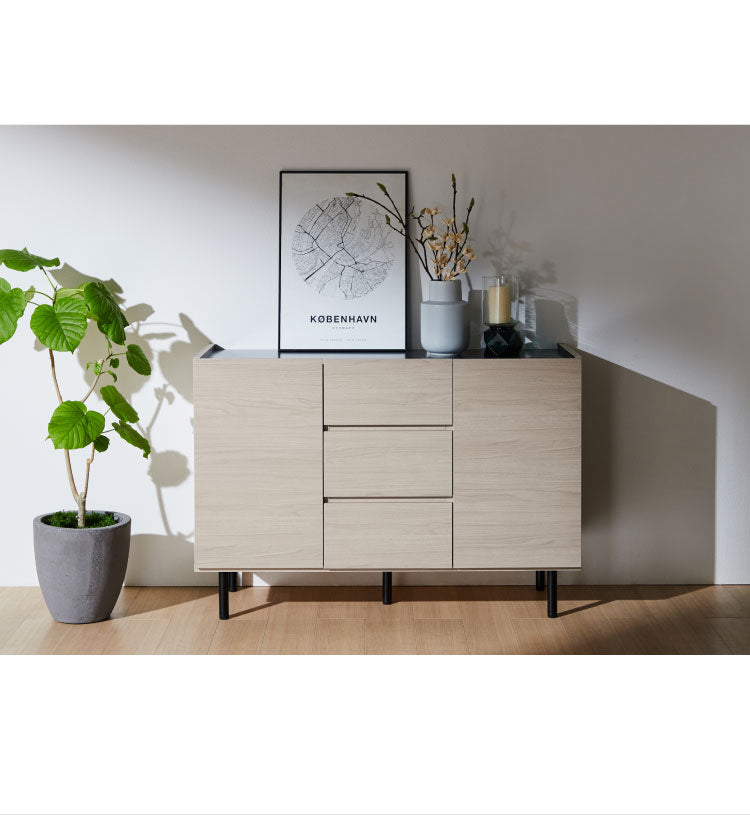 北欧風 キャビネット 幅125 オーク 日本製 完成品 引き出し3段 おしゃれ カウンター 間仕切り 国産 ナチュラル 木目 オレフィン 脚付き 収納 チェスト リビング 収納 スチール脚(代引不可)