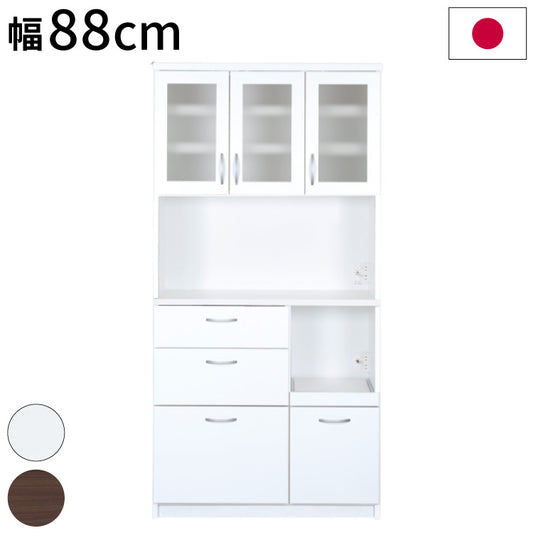 キッチンボード 日本製 完成品 幅88×奥行42.5×高さ175cm 汚れに強いEBコート フルスライドレール 採用 キッチン収納 収納(代引不可)