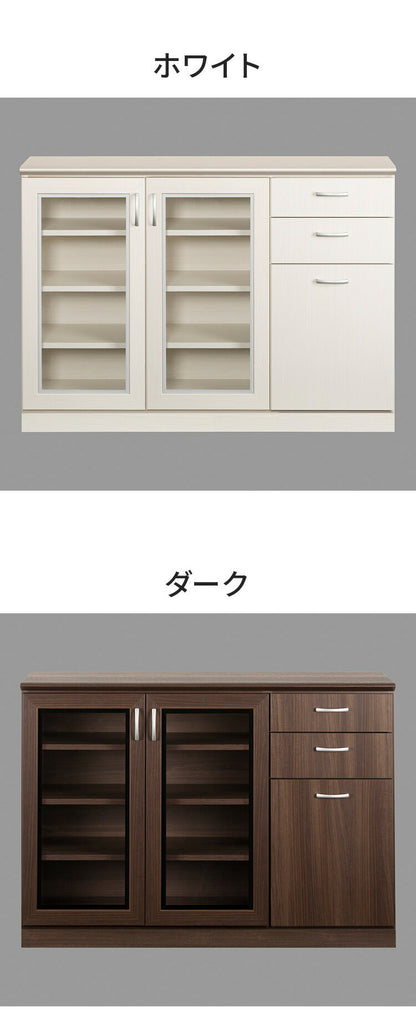 キッチンカウンター 幅120 ガラス扉 日本製 完成品 北欧風 カウンターテーブル 食器棚 引き戸 レンジ台 キッチンワゴン 炊飯器 ラック 収納 ガラス扉 引出し コンセント(代引不可)