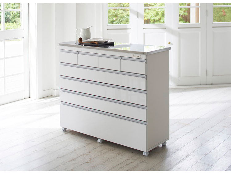 【完成品 日本製】 キッチンカウンター ステンレス天板 幅120 高さ100 5段 オープンスライド キャスター付き 国産 背面化粧仕上げ 鏡面仕上げ 間仕切り テーブル 食器棚 キッチンボード 引き出し(代引不可)