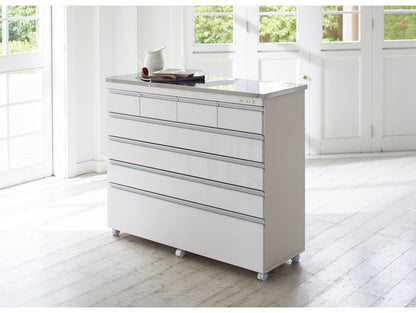 【完成品 日本製】 キッチンカウンター ステンレス天板 幅120 高さ100 5段 オープンスライド キャスター付き 国産 背面化粧仕上げ 鏡面仕上げ 間仕切り テーブル 食器棚 キッチンボード 引き出し(代引不可)