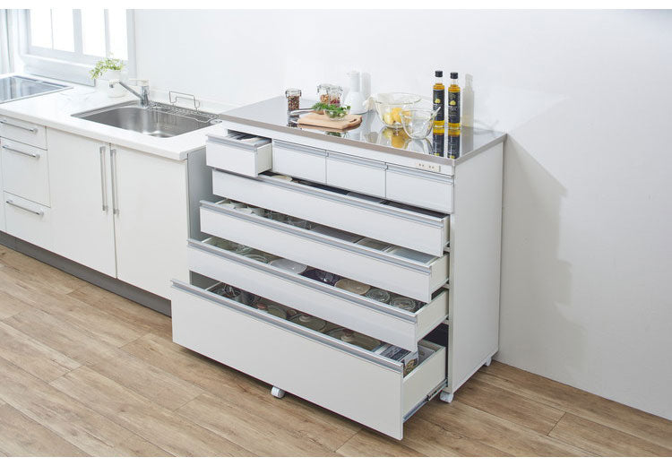 【完成品 日本製】 キッチンカウンター ステンレス天板 幅120 高さ100 5段 オープンスライド キャスター付き 国産 背面化粧仕上げ 鏡面仕上げ 間仕切り テーブル 食器棚 キッチンボード 引き出し(代引不可)