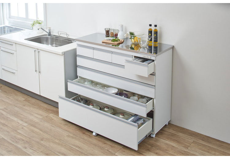 【完成品 日本製】 キッチンカウンター ステンレス天板 幅120 高さ100 5段 オープンスライド キャスター付き 国産 背面化粧仕上げ 鏡面仕上げ 間仕切り テーブル 食器棚 キッチンボード 引き出し(代引不可)