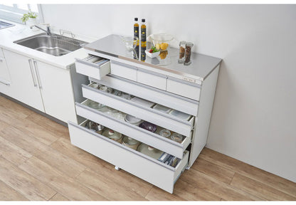 【完成品 日本製】 キッチンカウンター ステンレス天板 幅120 高さ100 5段 オープンスライド キャスター付き 国産 背面化粧仕上げ 鏡面仕上げ 間仕切り テーブル 食器棚 キッチンボード 引き出し(代引不可)