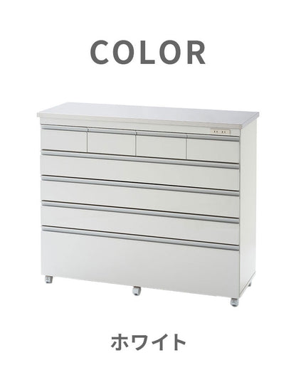 【完成品 日本製】 キッチンカウンター ステンレス天板 幅120 高さ100 5段 オープンスライド キャスター付き 国産 背面化粧仕上げ 鏡面仕上げ 間仕切り テーブル 食器棚 キッチンボード 引き出し(代引不可)