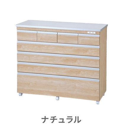 【完成品 日本製】 キッチンカウンター ステンレス天板 幅120 高さ100 5段 オープンスライド キャスター付き 国産 背面化粧仕上げ 鏡面仕上げ 間仕切り テーブル 食器棚 キッチンボード 引き出し(代引不可)