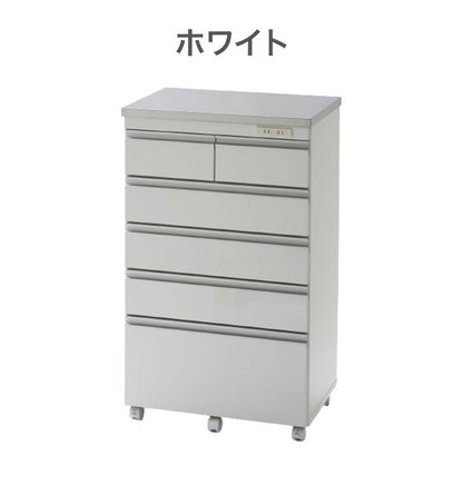 【完成品 日本製】 キッチンカウンター ステンレス天板 幅60 高さ100 5段 オープンスライド キャスター付き 国産 背面化粧仕上げ 鏡面仕上げ 間仕切り テーブル 食器棚 キッチンボード 引き出し(代引不可)