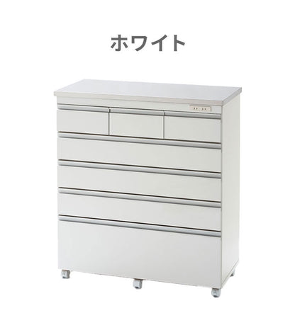 【完成品 日本製】 キッチンカウンター ステンレス天板 幅90 高さ100 5段 オープンスライド キャスター付き 国産 背面化粧仕上げ 鏡面仕上げ 間仕切り テーブル 食器棚 キッチンボード 引き出し(代引不可)