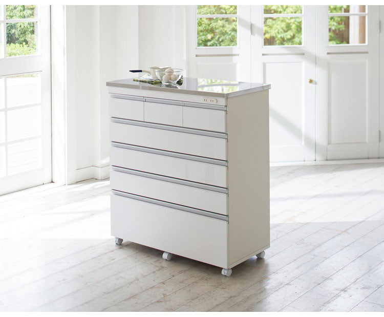 【完成品 日本製】 キッチンカウンター ステンレス天板 幅90 高さ100 5段 オープンスライド キャスター付き 国産 背面化粧仕上げ 鏡面仕上げ 間仕切り テーブル 食器棚 キッチンボード 引き出し(代引不可)