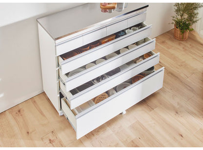 【完成品 日本製】 キッチンカウンター ステンレス天板 幅90 高さ100 5段 オープンスライド キャスター付き 国産 背面化粧仕上げ 鏡面仕上げ 間仕切り テーブル 食器棚 キッチンボード 引き出し(代引不可)