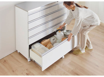 【完成品 日本製】 キッチンカウンター ステンレス天板 幅90 高さ100 5段 オープンスライド キャスター付き 国産 背面化粧仕上げ 鏡面仕上げ 間仕切り テーブル 食器棚 キッチンボード 引き出し(代引不可)