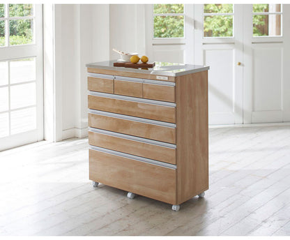 【完成品 日本製】 キッチンカウンター ステンレス天板 幅90 高さ100 5段 オープンスライド キャスター付き 国産 背面化粧仕上げ 鏡面仕上げ 間仕切り テーブル 食器棚 キッチンボード 引き出し(代引不可)