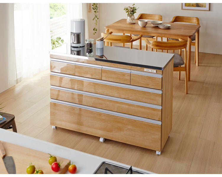 キッチンカウンター 間仕切り ステンレス天板 幅120 完成品 国産 背面化粧仕上げ 鏡面仕上げ 【開梱設置無料】キャスター付き 4段 レンジ台 レンジラック 食器棚 キッチンワゴン(代引不可)