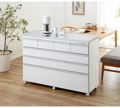 キッチンカウンター 間仕切り ステンレス天板 幅120 完成品 国産 背面化粧仕上げ 鏡面仕上げ 【開梱設置無料】キャスター付き 4段 レンジ台 レンジラック 食器棚 キッチンワゴン(代引不可)