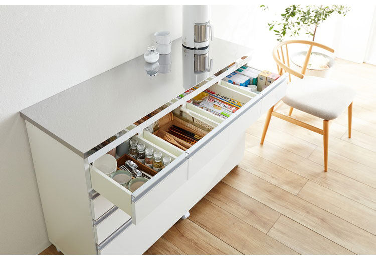 キッチンカウンター 間仕切り ステンレス天板 幅120 完成品 国産 背面化粧仕上げ 鏡面仕上げ 【開梱設置無料】キャスター付き 4段 レンジ台 レンジラック 食器棚 キッチンワゴン(代引不可)