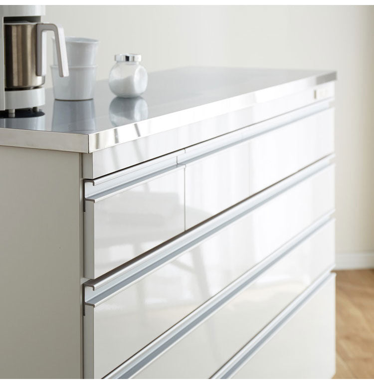 キッチンカウンター 間仕切り ステンレス天板 幅120 完成品 国産 背面化粧仕上げ 鏡面仕上げ 【開梱設置無料】キャスター付き 4段 レンジ台 レンジラック 食器棚 キッチンワゴン(代引不可)