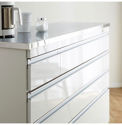 キッチンカウンター 間仕切り ステンレス天板 幅120 完成品 国産 背面化粧仕上げ 鏡面仕上げ 【開梱設置無料】キャスター付き 4段 レンジ台 レンジラック 食器棚 キッチンワゴン(代引不可)