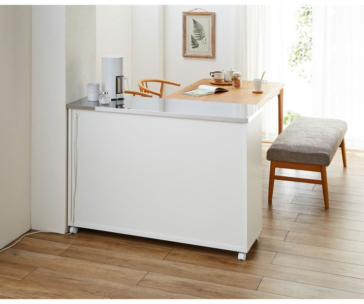 キッチンカウンター 間仕切り ステンレス天板 幅120 完成品 国産 背面化粧仕上げ 鏡面仕上げ 【開梱設置無料】キャスター付き 4段 レンジ台 レンジラック 食器棚 キッチンワゴン(代引不可)