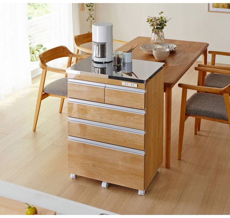 キッチンカウンター 間仕切り ステンレス天板 幅60 完成品 国産 背面化粧仕上げ 鏡面仕上げ 【開梱設置無料】 キャスター付き 4段 レンジ台 レンジラック 食器棚 キッチンワゴン(代引不可)