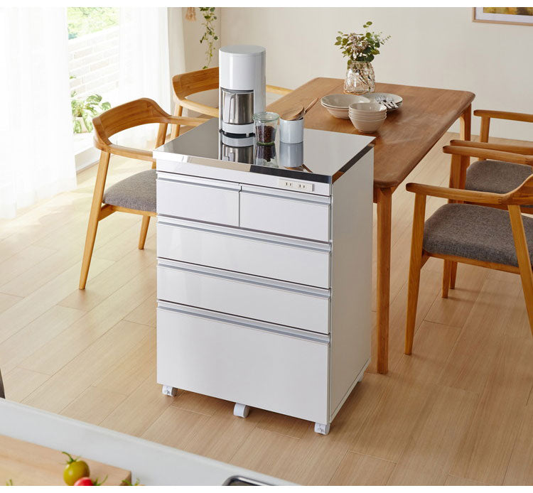 キッチンカウンター 間仕切り ステンレス天板 幅60 完成品 国産 背面化粧仕上げ 鏡面仕上げ 【開梱設置無料】 キャスター付き 4段 レンジ台 レンジラック 食器棚 キッチンワゴン(代引不可)