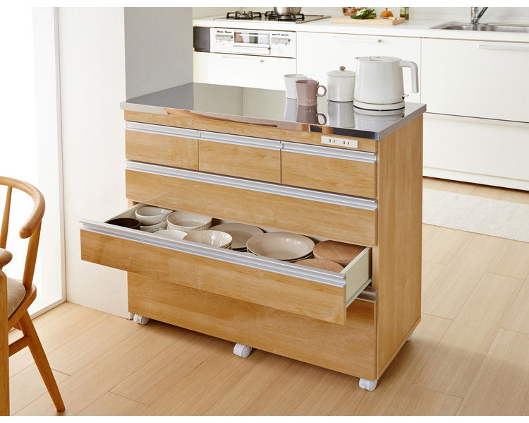 キッチンカウンター 間仕切り ステンレス天板 幅90 完成品 国産 背面化粧仕上げ 鏡面仕上げ 【開梱設置無料】 キャスター付き 4段 レンジ台 レンジラック 食器棚 キッチンワゴン(代引不可)