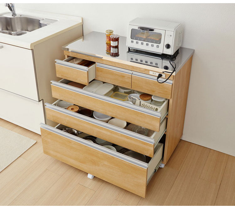 キッチンカウンター 間仕切り ステンレス天板 幅90 完成品 国産 背面化粧仕上げ 鏡面仕上げ 【開梱設置無料】 キャスター付き 4段 レンジ台 レンジラック 食器棚 キッチンワゴン(代引不可)