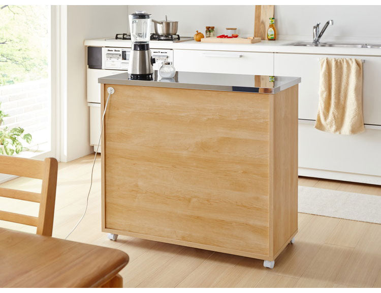 キッチンカウンター 間仕切り ステンレス天板 幅90 完成品 国産 背面化粧仕上げ 鏡面仕上げ 【開梱設置無料】 キャスター付き 4段 レンジ台 レンジラック 食器棚 キッチンワゴン(代引不可)