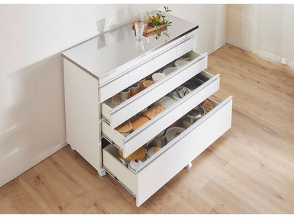 キッチンカウンター 間仕切り ステンレス天板 幅90 完成品 国産 背面化粧仕上げ 鏡面仕上げ 【開梱設置無料】 キャスター付き 4段 レンジ台 レンジラック 食器棚 キッチンワゴン(代引不可)